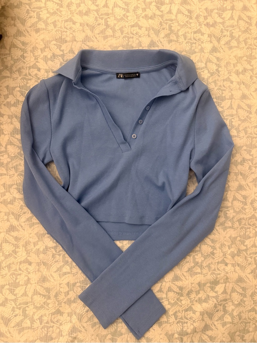 Zara Light Blue Long-Sleeve Polo Crop Top
